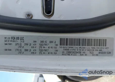 2016 Ram 1500 Tradesman z USA, uszkodzony, nr VIN 1C6RR6FG0GS304780